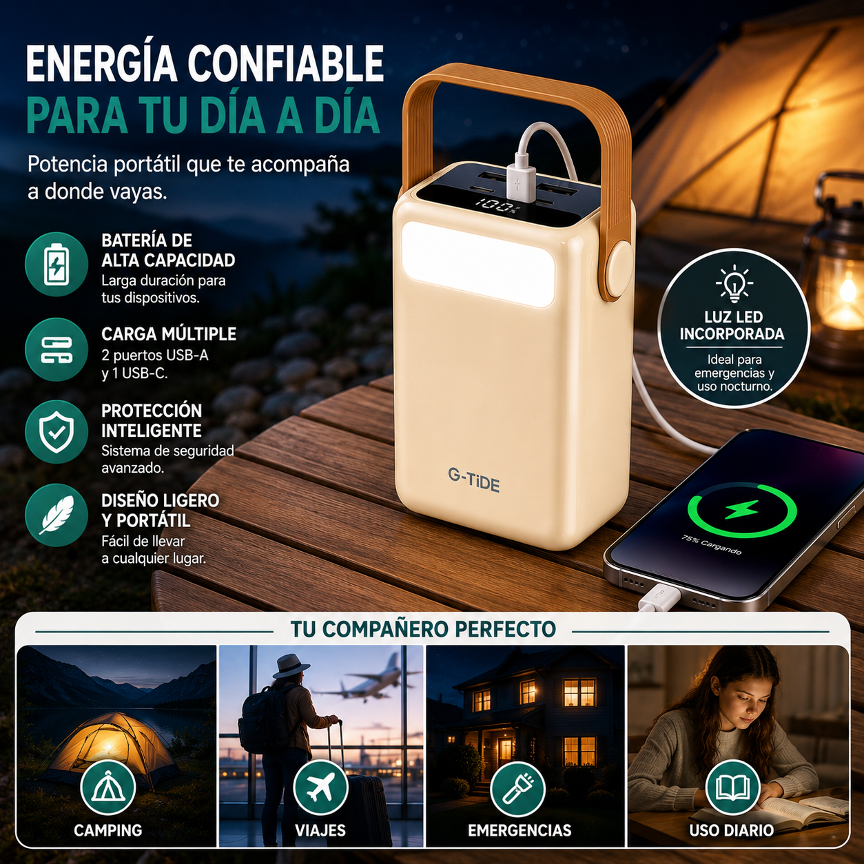 Power Bank Linterna G-Tide 40000mAh 22.5W Carga Rápida 8 Cargas o mas Ideal Viajes y Finca