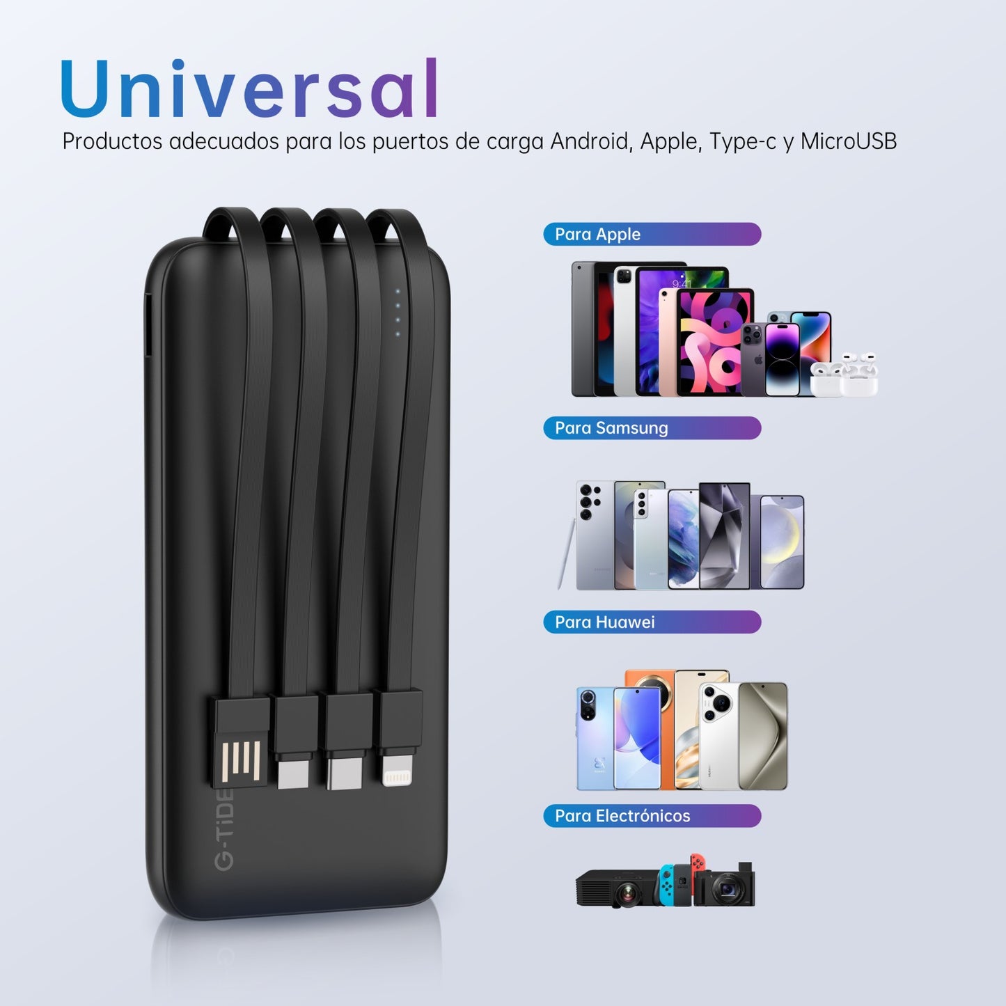 Power Bank G-tide 10000mAh con Cable 4 en 1 y Pantalla LED | Carga Rápida Portátil