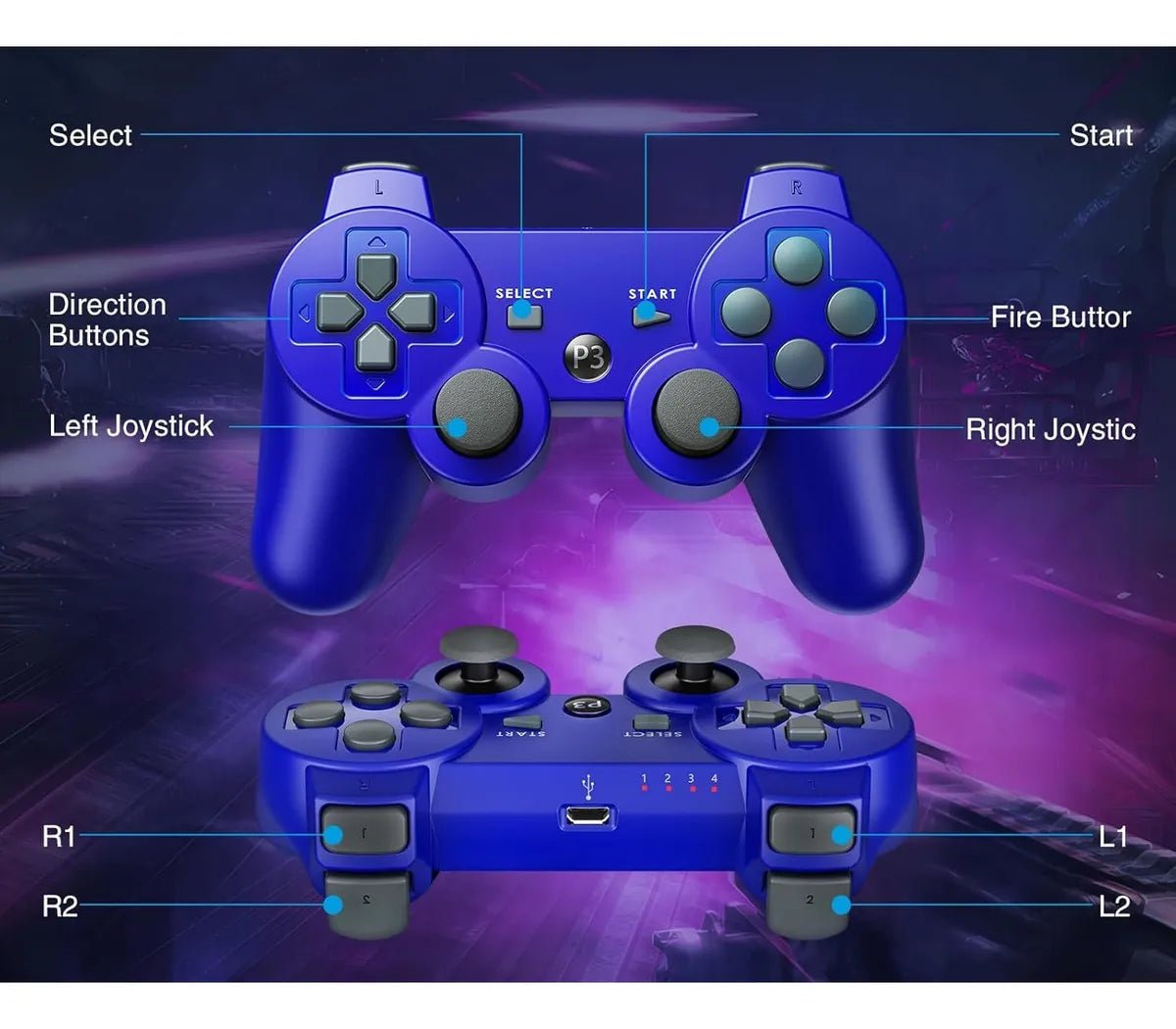 Control Inalámbrico PS3 Bluetooth Doble Vibración Azul | Compatible Con PlayStation 3 DualShock 3 - Tecnomundointl