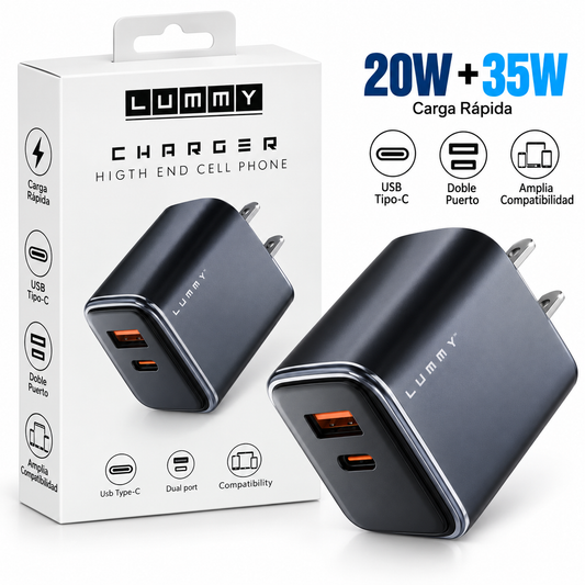 Cubo Cargador Lummy LMY-00 35W Dual Port USB-C + USB-A PD 3.0 QC 3.0 para iPhone y Samsug