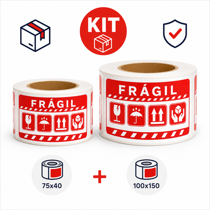 Combo Etiquetas autoadhesivas FRÁGIL español para proteción Paquetes (75x40mm) y (100x150mm)