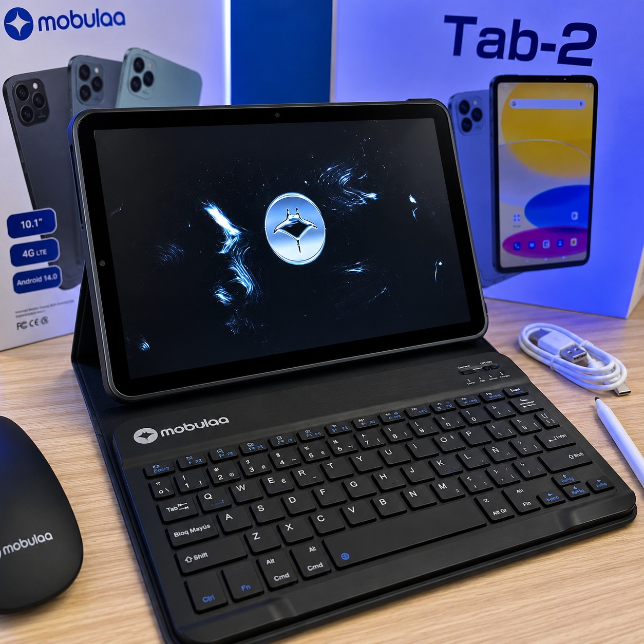 Tablet Mobulaa TAB-2 10.1” Android 14 4G LTE + Teclado + Mouse + Lápiz + Case