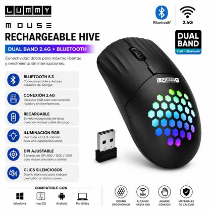 Mouse Inalámbrico Recargable Lummy LY-M00 RGB con Bluetooth 5.3 y Receptor USB 2.4GHz | Doble Modo de Conexión