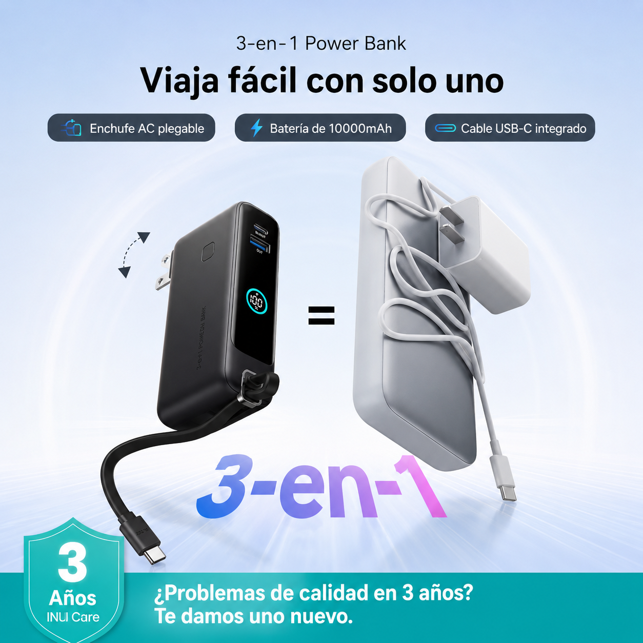 Cargador Portátil INIU 10000mAh 30W Con Enchufe AC Y Cable USB-C