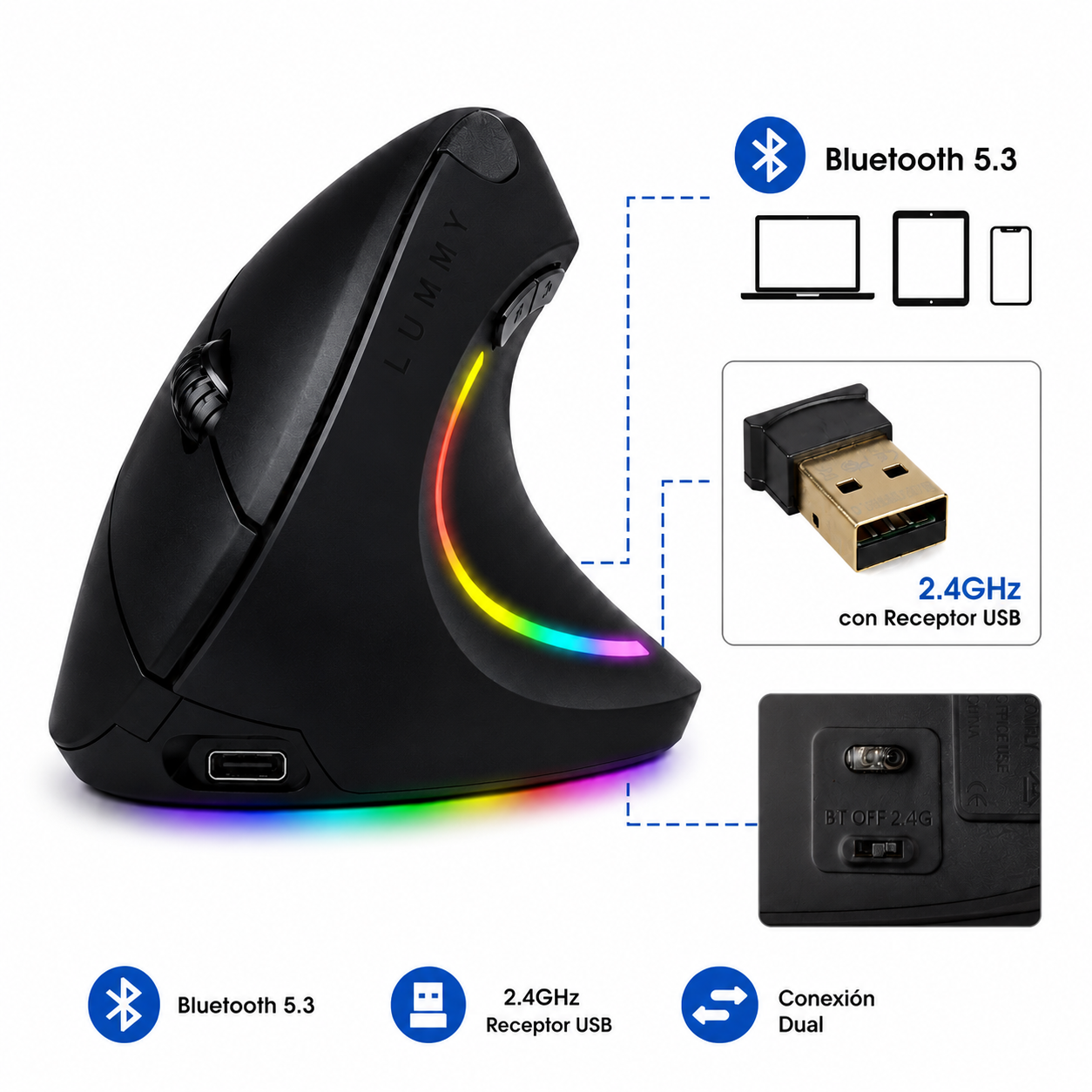 Mouse Ergonómico Vertical Inalámbrico RGB Recargable Bluetooth 5.3 y 2.4GHz con Receptor USB Lummy LMO-07 para Diestro