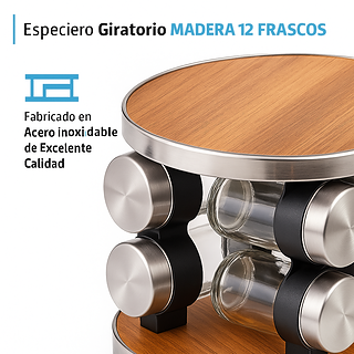 Especiero Giratorio de Madera 12 Frascos 360° con Frascos de Vidrio
