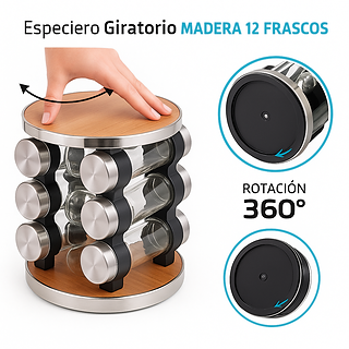 Especiero Giratorio de Madera 12 Frascos 360° con Frascos de Vidrio