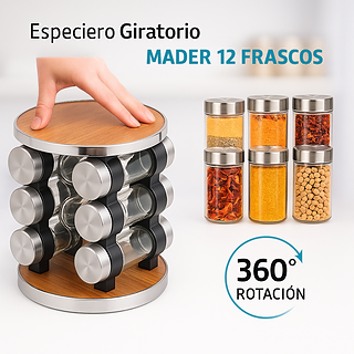 Especiero Giratorio de Madera 12 Frascos 360° con Frascos de Vidrio