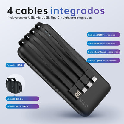 Power Bank G-tide 10000mAh con Cable 4 en 1 y Pantalla LED | Carga Rápida Portátil
