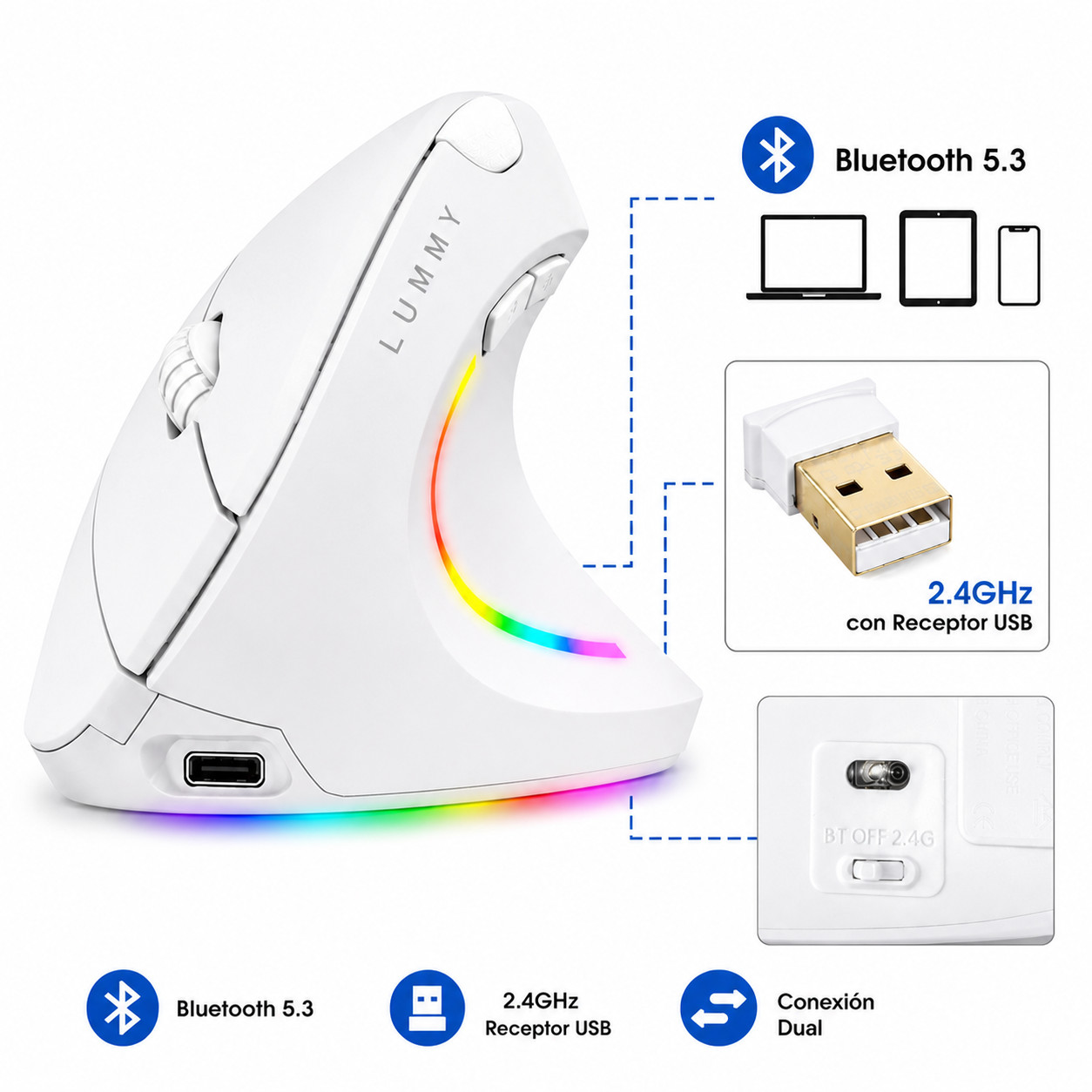 Mouse Ergonómico Vertical Inalámbrico RGB Recargable Bluetooth 5.3 y 2.4GHz con Receptor USB Lummy LMO-07 para Diestro