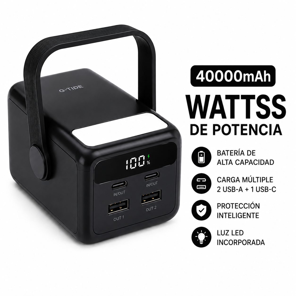 Power Bank Linterna G-Tide 40000mAh 22.5W Carga Rápida 8 Cargas o mas Ideal Viajes y Finca