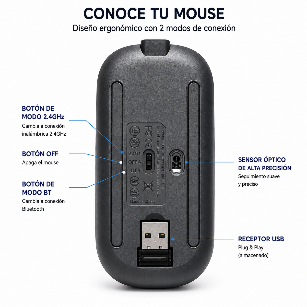 Mouse Inalámbrico Recargable Lummy Platinum LY-M05 Dual Mode Bluetooth 5.3 + 2.4GHz con Receptor USB