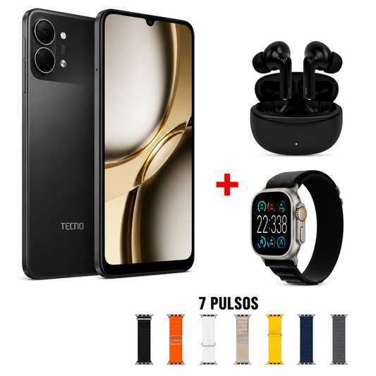 Celular Tecno Spark GO3 128/4GB + Audifonos + Smartwatch 8 pulsos