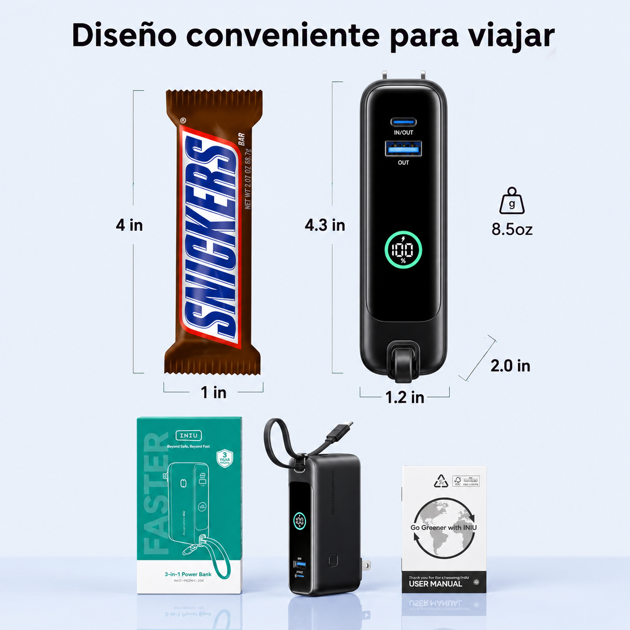 Cargador Portátil INIU 10000mAh 30W Con Enchufe AC Y Cable USB-C