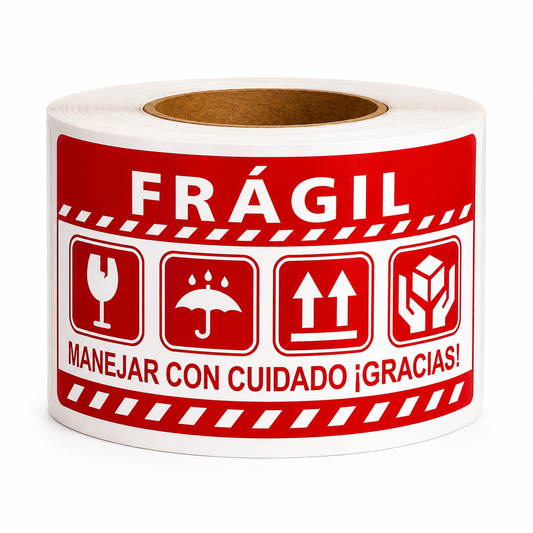 300 Etiquetas Fragil ESPAÑOL / INGLES 100x150 mm – Protección de Paquetes.