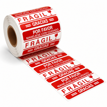 500 Etiquetas  7.5x4cm autoadhesivas Fragil ESPAÑOL / INGLES Protección Paquetes.