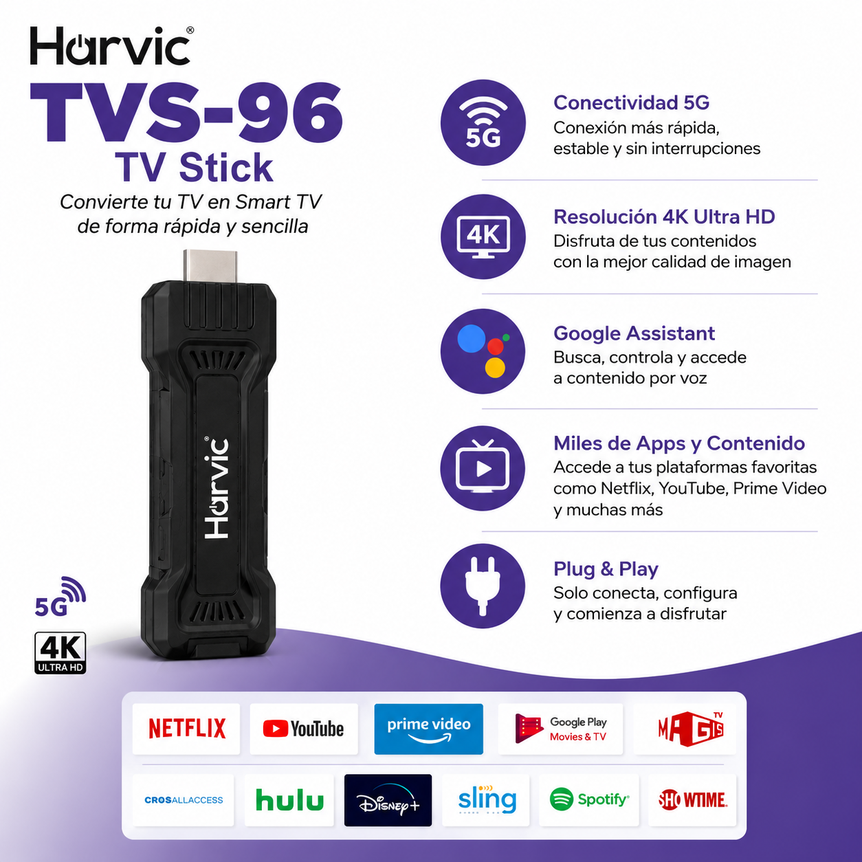 Harvic TVS-96 TV Stick 4K Ultra HD Android TV con Chromecast, Wi-Fi y Control Remoto.