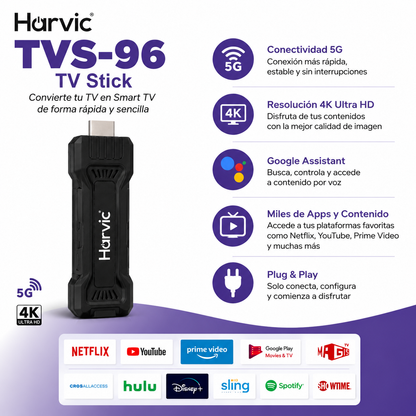 Harvic TVS-96 TV Stick 4K Ultra HD Android TV con Chromecast, Wi-Fi y Control Remoto.