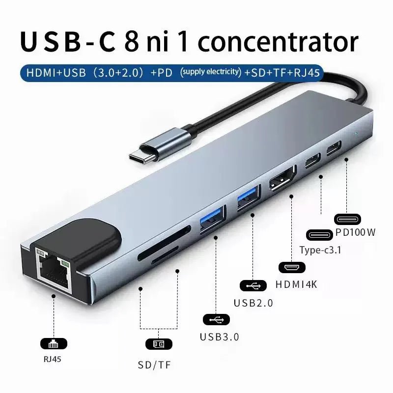 Hub Adaptador Usb C - 8 En 1 Hdmi Mac Rj45 1000mbps Gigabit - Tecnomundointl