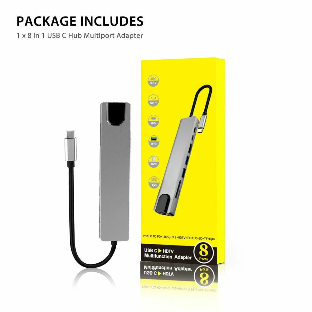 Hub Adaptador Usb C - 8 En 1 Hdmi Mac Rj45 1000mbps Gigabit - Tecnomundointl