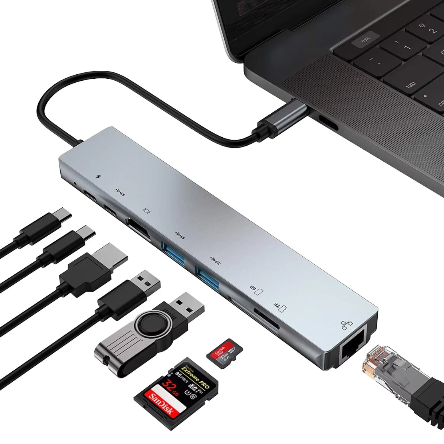 Hub Adaptador Usb C - 8 En 1 Hdmi Mac Rj45 1000mbps Gigabit - Tecnomundointl