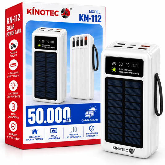 Power Bank Solar 50.000 mAh con 4 Cables Integrados, 2 Puertos Tipo C CArgador portatil kinotech kn-112