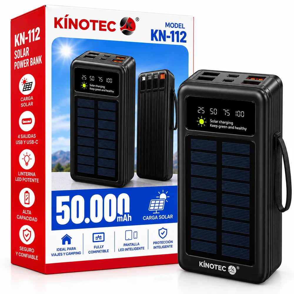 Power Bank Solar 50.000 mAh con 4 Cables Integrados, 2 Puertos Tipo C CArgador portatil kinotech kn-112