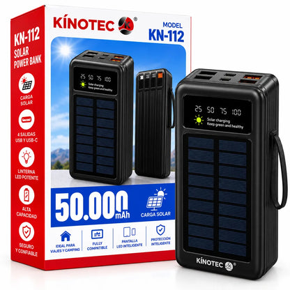 Power Bank Solar 50.000 mAh con 4 Cables Integrados, 2 Puertos Tipo C CArgador portatil kinotech kn-112