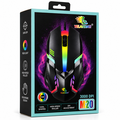 Mouse Gamer YELANDAR M20 RGB 3000 DPI Ergonómico USB de Alta Precisión - de cable.