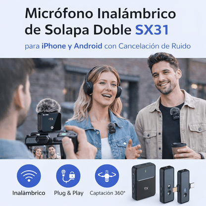 Micrófono Inalámbrico de Solapa Doble SX31 para iPhone y Android con Cancelación de Ruido - Tecnomundointl