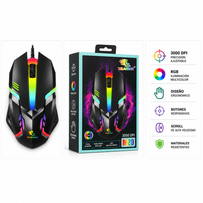Mouse Gamer YELANDAR M20 RGB 3000 DPI Ergonómico USB de Alta Precisión - de cable.