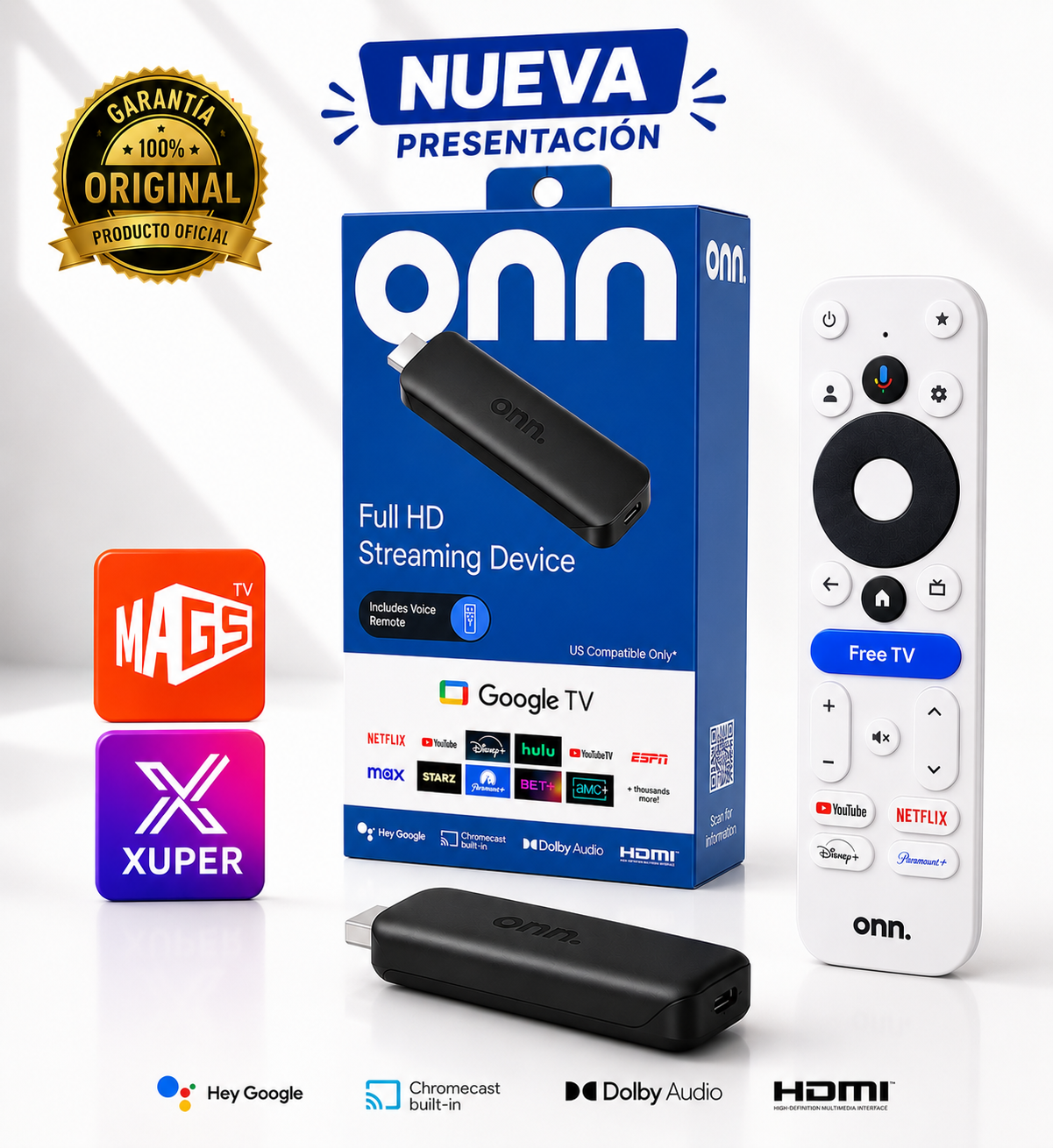 Watch Onn ORIGINAL Full HD Google TV compatible con Magis TV y Control por Voz