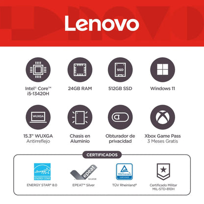 Portatil Lenovo IdeaPad Slim 3 - 24GB RAM - intel i5 - 13420H 2.1Ghz 512GB SSD teclado Numerico web Cam. - Tecnomundointl