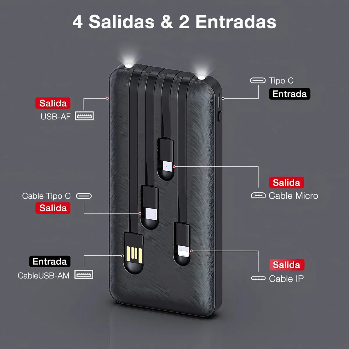 Power Bank 10000mAh con Cables Integrados y Linterna LED 1 Hora - contraenrega - Tecnomundointl