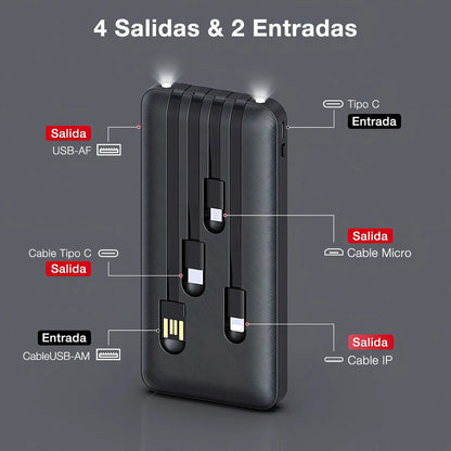 Power Bank 10000mAh con Cables Integrados y Linterna LED 1 Hora - contraenrega - Tecnomundointl