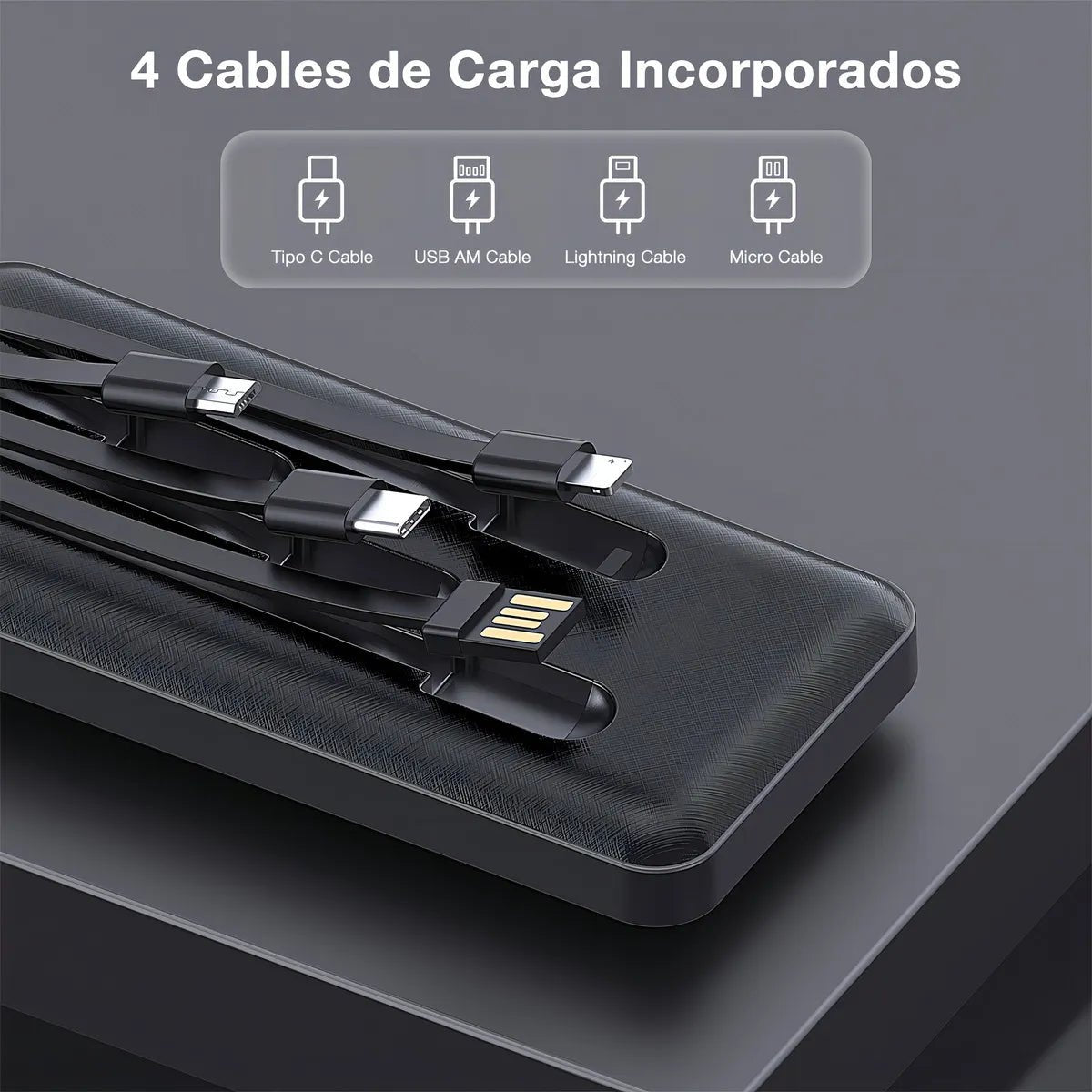 Power Bank 10000mAh con Cables Integrados y Linterna LED 1 Hora - contraenrega - Tecnomundointl