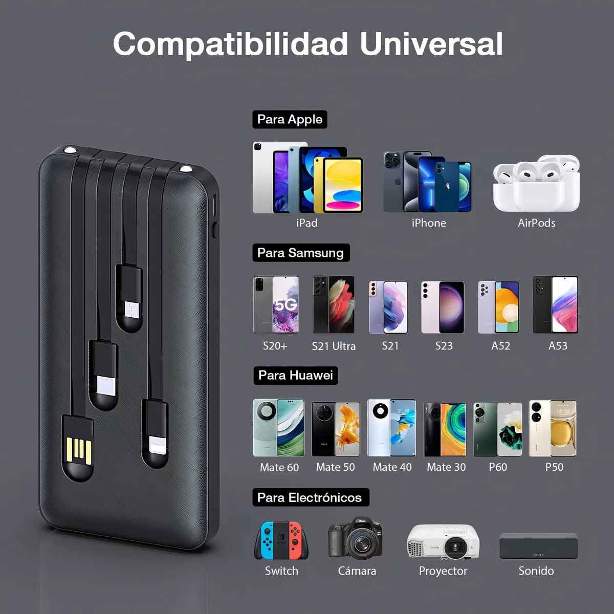 Power Bank 10000mAh con Cables Integrados y Linterna LED 1 Hora - contraenrega - Tecnomundointl