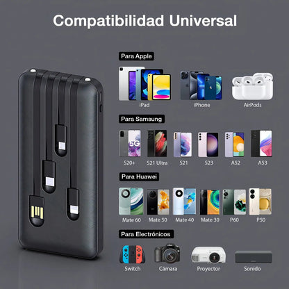 Power Bank 10000mAh con Cables Integrados y Linterna LED 1 Hora - contraenrega - Tecnomundointl