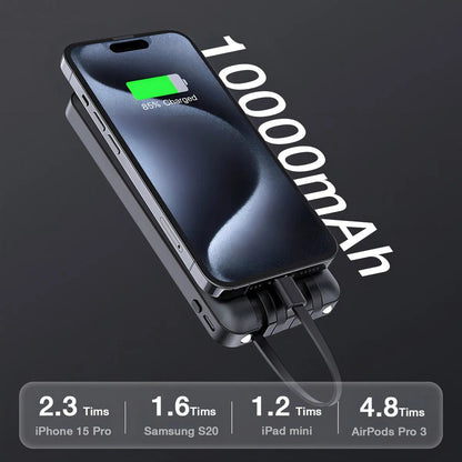 Power Bank 10000mAh con Cables Integrados y Linterna LED 1 Hora - contraenrega - Tecnomundointl