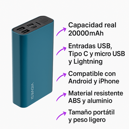 Power Bank 20000mAh con Carga Rápida USB, Tipo C y Lightning de Alta Potencia - P09 - Tecnomundointl