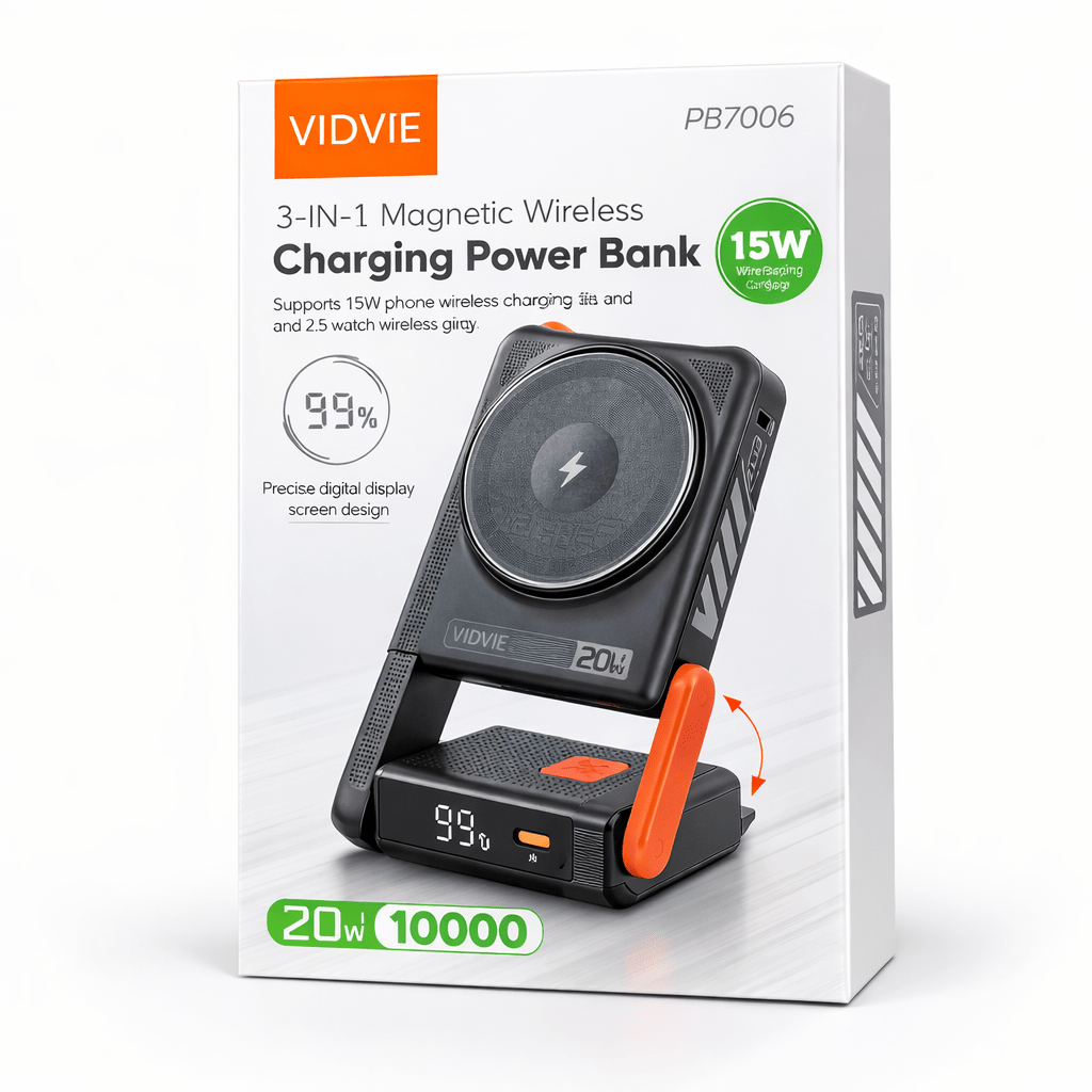 Power Bank Magsafe 3 en 1 VIDVIE PB7006 10000mAh 20W Carga rápida Con soporte Integrado - Tecnomundointl
