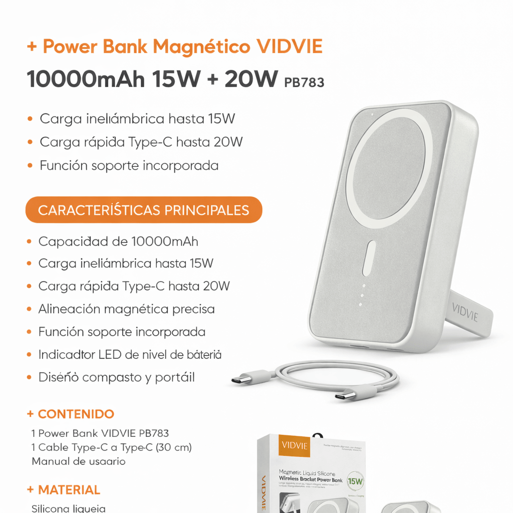 Power Bank VIDVIE PB783 Magsafe y de Cable 10000mAh 15W + 20W PB783 de Carga Rapida - Tecnomundointl