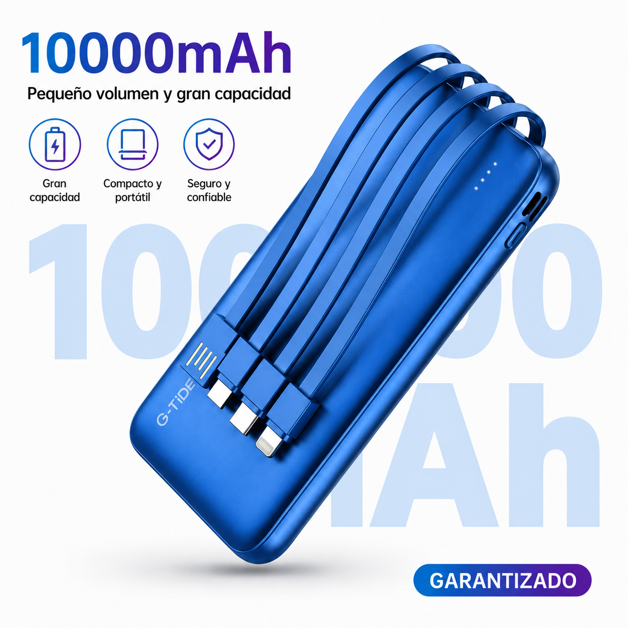 Power Bank G-tide 10000mAh con Cable 4 en 1 y Pantalla LED | Carga Rápida Portátil