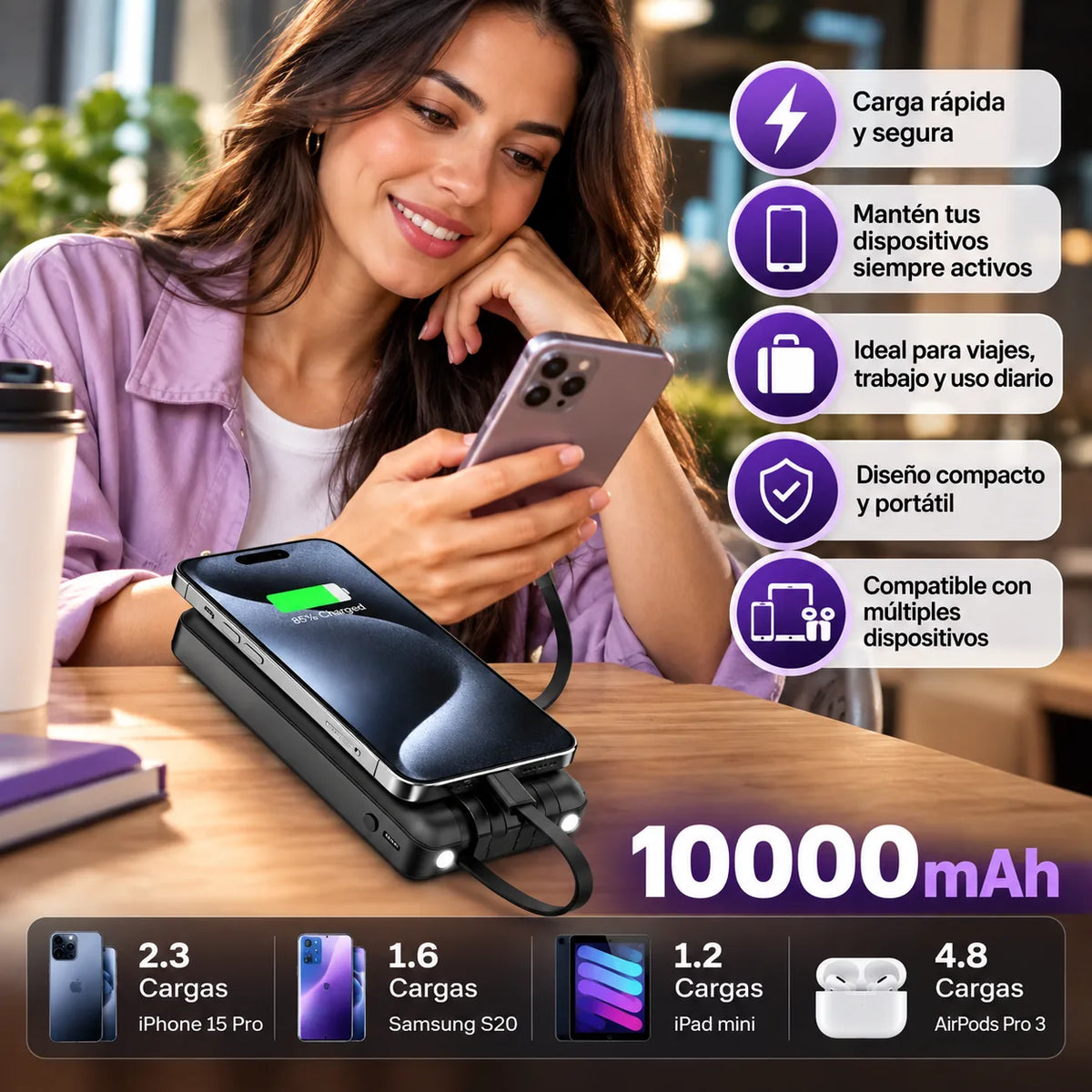 Power Bank 1hora - Cargador portatil 10000mAh Carga Rápida Para iPhone y Android Con Cable integrado . 1 hora