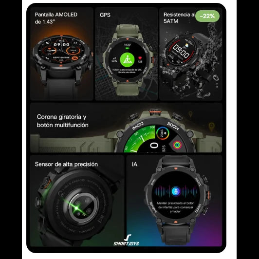 Smartwatch AuraFit Trek 1 GPS AMOLED 1.43" 150+ Modos Deportivos