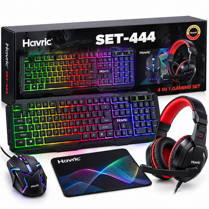 Kit Gamer 4 en 1  Harvic SET44 Teclado Mouse Audífonos Gaming y mouse pad