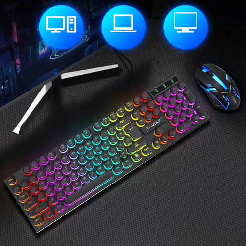 Combo Gamer T-WOLF TF270 RGB | Teclado Retro + Mouse Preciso.