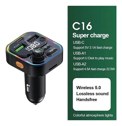 Transmisor FM Bluetooth 5.0 Carro USB - C 22.5W Carga Rápida - Tecnomundointl