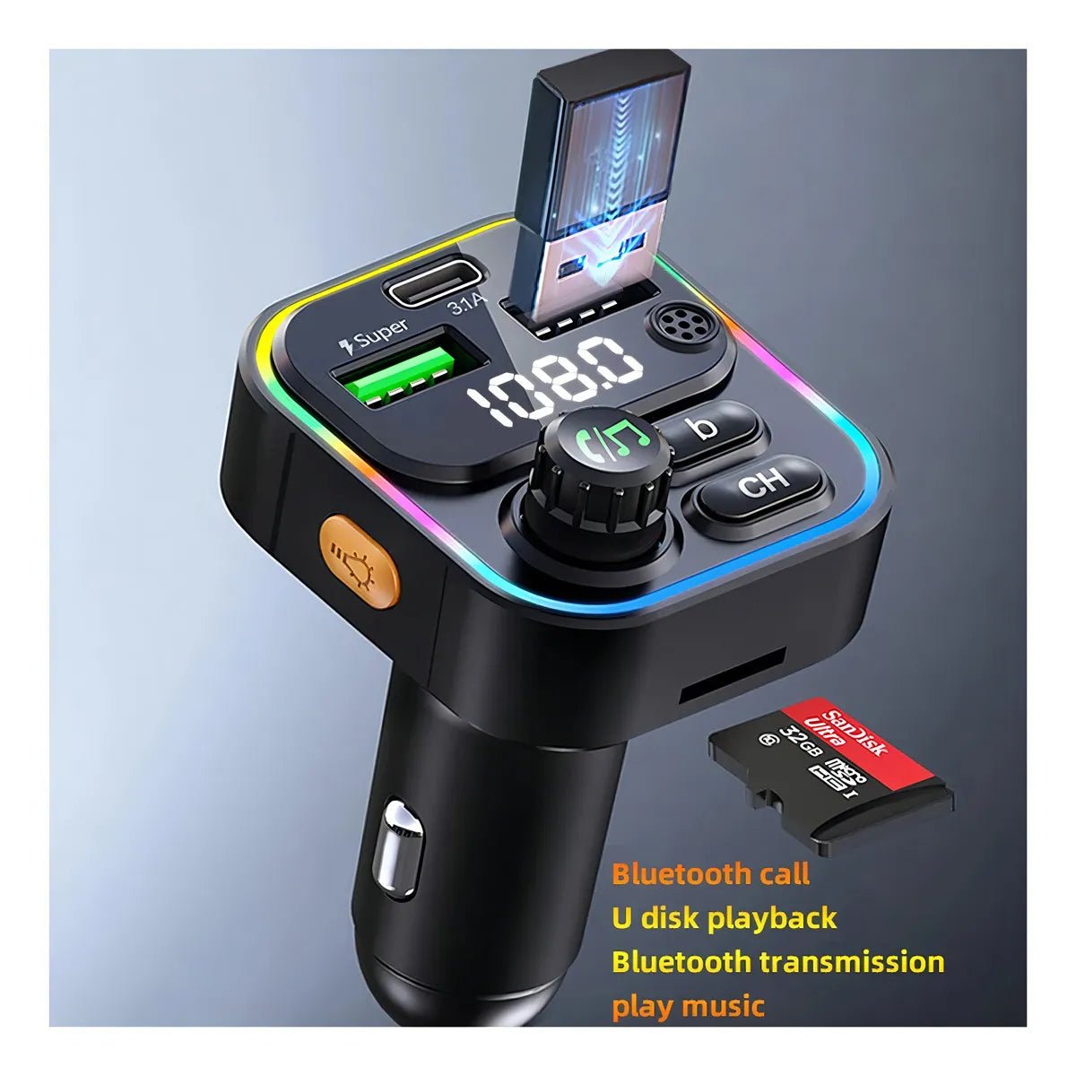 Transmisor FM Bluetooth 5.0 Carro USB - C 22.5W Carga Rápida - Tecnomundointl