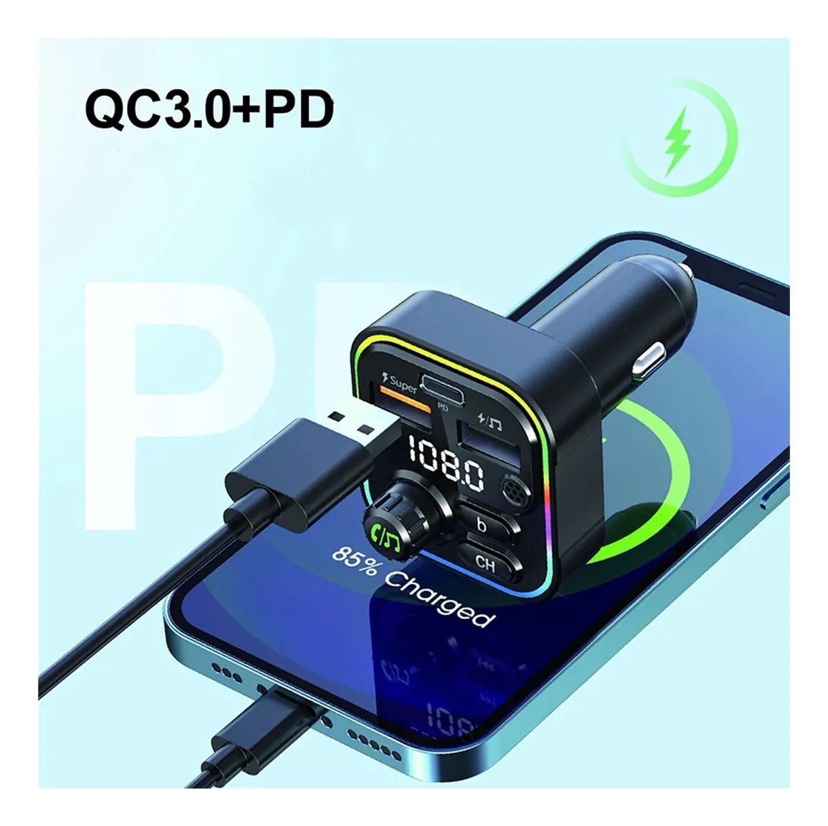 Transmisor FM Bluetooth 5.0 Carro USB - C 22.5W Carga Rápida - Tecnomundointl